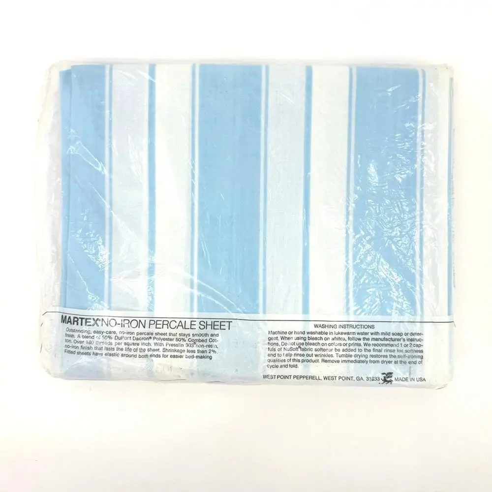 Vtg Atelier Martex Blue White Stripe Twin Fitted Sheet No Iron Percale NOS